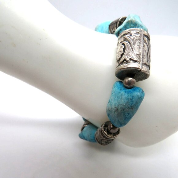 Stone Bracelet Blue‎ Howlite Silver Tone Chunky Beaded Toggle Clasp - Picture 4 of 9